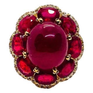 Bochic “Capri” Vintage Natural Ruby & Diamond Retro Ring Set In 18K Gold & Silve For Sale