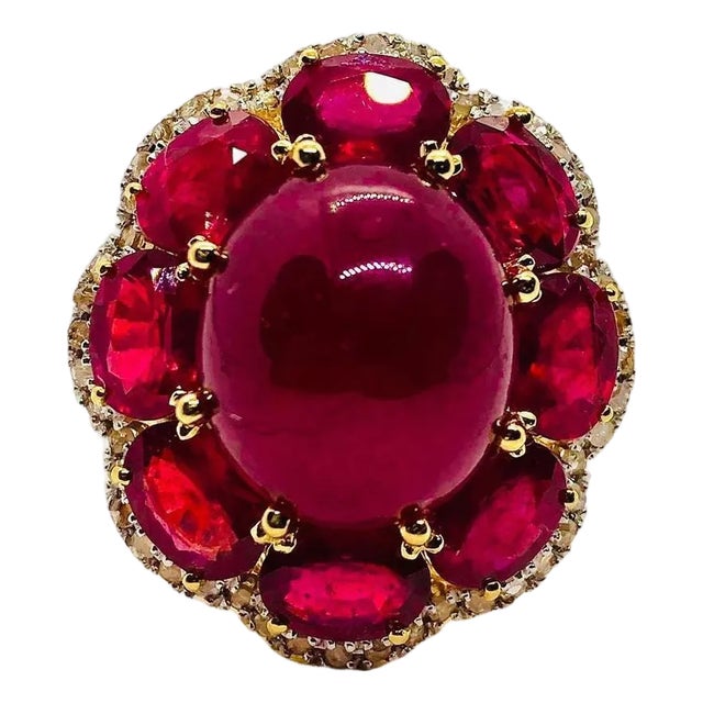 Bochic “Capri” Vintage Natural Ruby & Diamond Retro Ring Set In 18K Gold & Silve For Sale