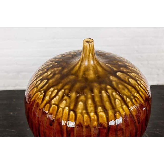 Hand-Crafted Artisan Tri-Color Brown Vase with Rounded Silhouette and Dripping For Sale - Image 12 of 12