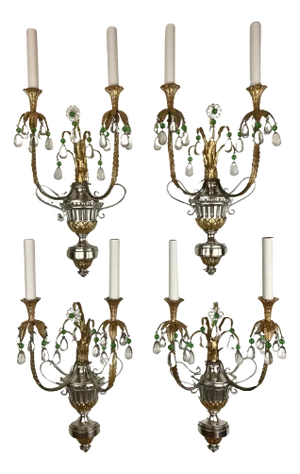 Four Silver and Gilt Bronze Sconces with Green Crystal Accents by Caldwell
