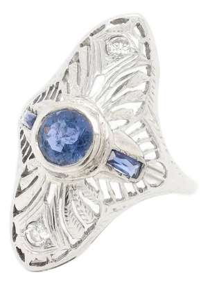 18k White Gold, Sapphire, and Diamond Art Deco Style Filigree Cocktail Ring