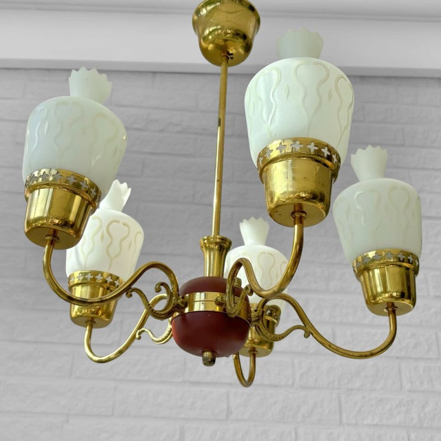 1950s Mid-Century Chandelier in Brass and Opal Glass, Sweden, 1950s For Sale - Image 5 of 14