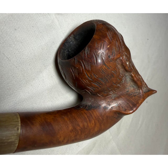 Antique 19th Century Hand Carved Burl Wood Horn Figural Man Face Smoking Pipe For Sale - Image 9 of 15