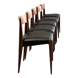 Mid Century Danish Teak and Black Leather Dining Chairs - Set of 5 For Sale