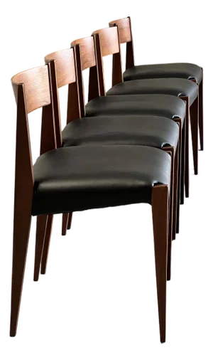 Mid Century Danish Teak and Black Leather Dining Chairs - Set of 5