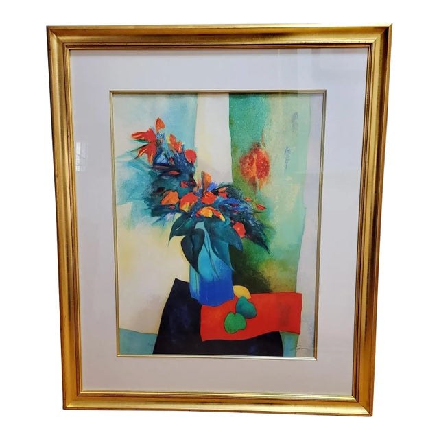 Claude Gaveau Signed Limited Edition French Modernist Floral Still Life Lithograph, Framed For Sale