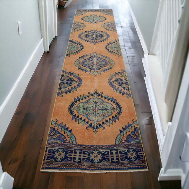 1960s Traditional Ottoman Design Distressed Oushak Runner Rug Faded Colors Low Pile - 2'1″ X 12'9″ For Sale - Image 5 of 12