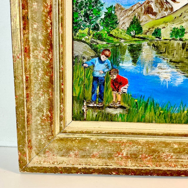 1970s 1978 Vintage Impressionist Original Oil Painting of Boys Fishing by E. Sack. For Sale - Image 5 of 10