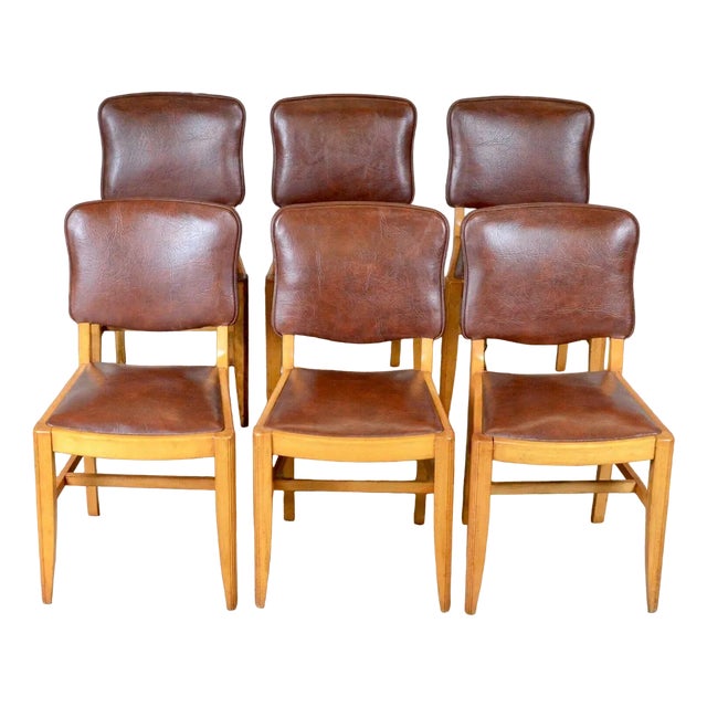Antique Brown Leather & Walnut Dining Chairs, Set of 6 For Sale