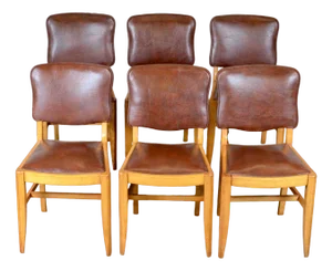 Antique Brown Leather & Walnut Dining Chairs, Set of 6