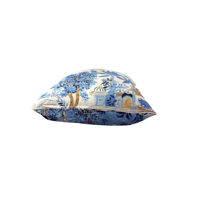 Pair of 22'' Thibaut Chinoiserie-Inspired Blue & Gold Scenic Throw Pillows For Sale In West Palm - Image 6 of 7