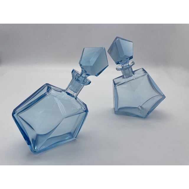 Mid-Century Modern Late 20th Century Pair of Sculptural Light Blue Art Glass Decanters With Faceted Stoppers, Mid-Century Modern For Sale - Image 3 of 15