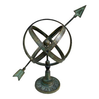 Rustic Verdigris Iron Armillary Sphere on Pedestal – European Garden Accent For Sale