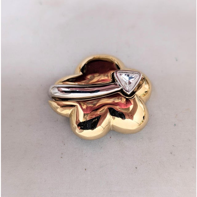 Modern Vintage 1980s Signed Courreges Paris Goldtone & Rhodium Plated Rhinestone Brooch For Sale - Image 3 of 7