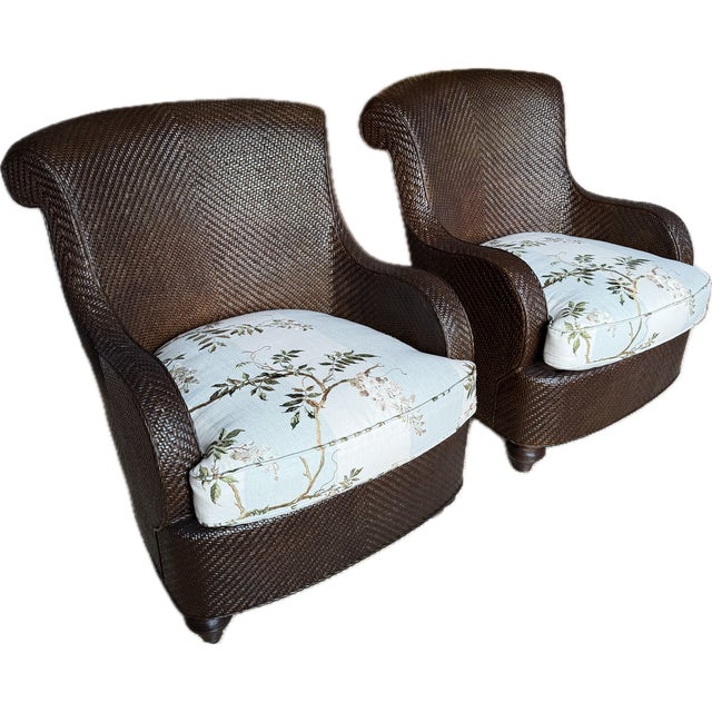 Rattan Wicker Lounge Chairs by Hickory Chair, Upholstered in Colefax & Fowler, Set of 2 For Sale - Image 13 of 18