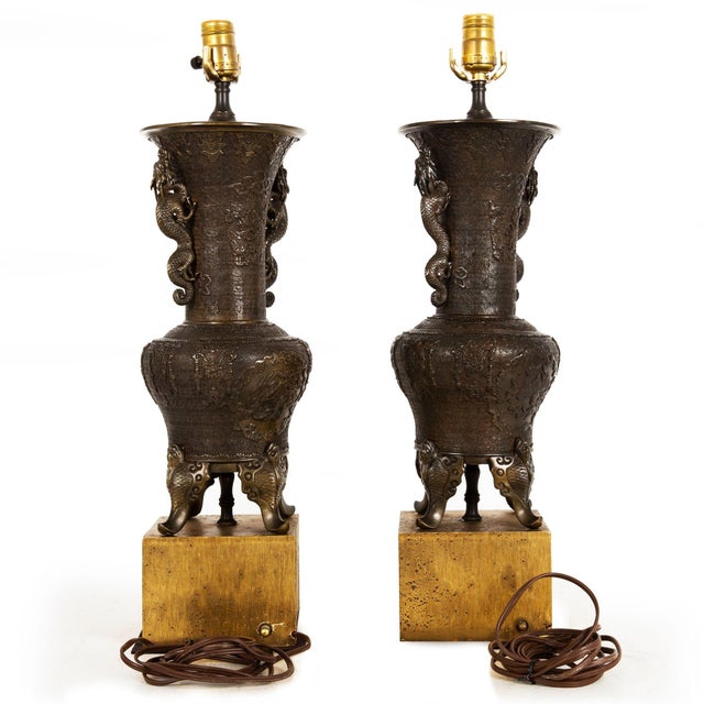 Japanese Pair of Antique Japanese Bronze Vasiform Table Lamps For Sale - Image 3 of 18