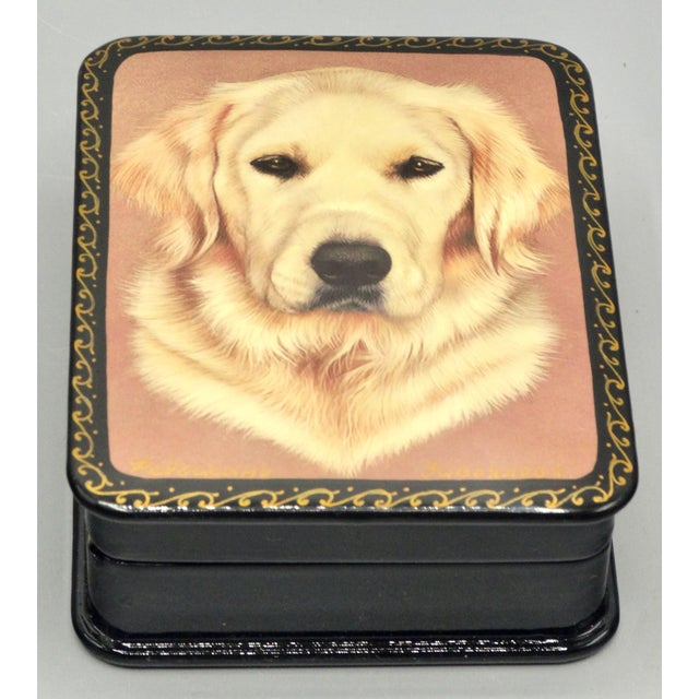Handcrafted Russian collectible box with a portrait of a golden retriever dog by Fedoskino. It is made of papier mache and...