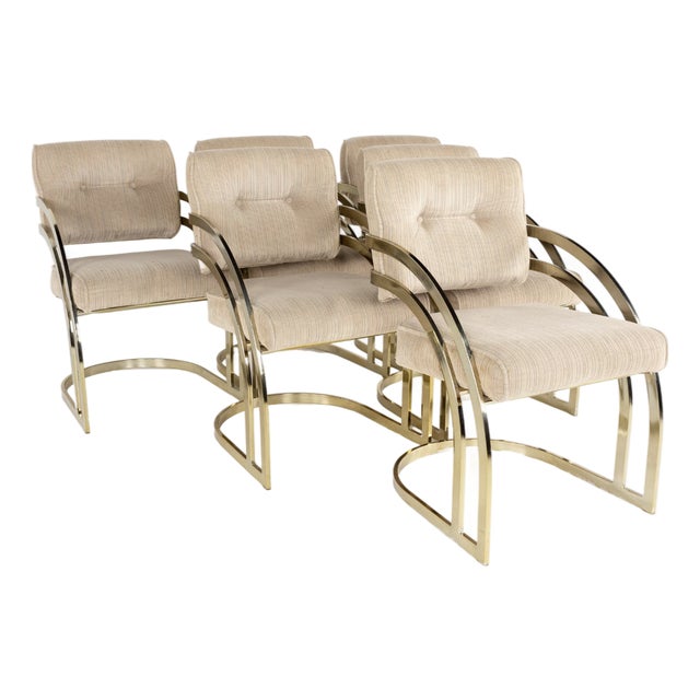 Milo Baughan Style Mid Century Brass Cantilever Dining Chairs, Set of 8 For Sale