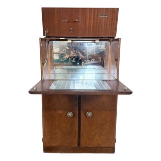 Mid-Century Walnut Bar Cabinet with Fold-Down Top and Etched Glass Interior, 1950s For Sale