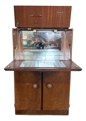 Mid-Century Walnut Bar Cabinet with Fold-Down Top and Etched Glass Interior, 1950s