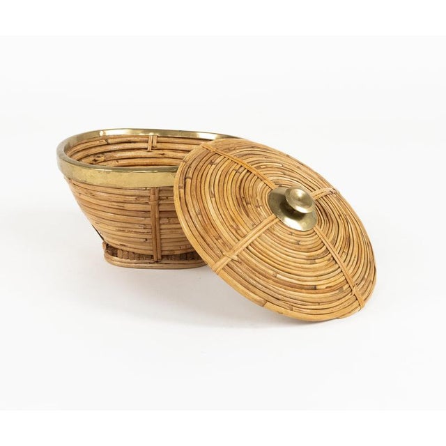 Mid-Century Modern Mid-Century Decorative Box in Rattan and Brass, Italy, 1970s For Sale - Image 3 of 13