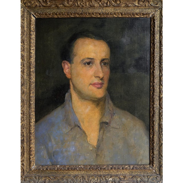 Wood Captivating Portrait of a Man in an Open Shirt, Original Antique Oil Painting, Early 20th Century For Sale - Image 7 of 11
