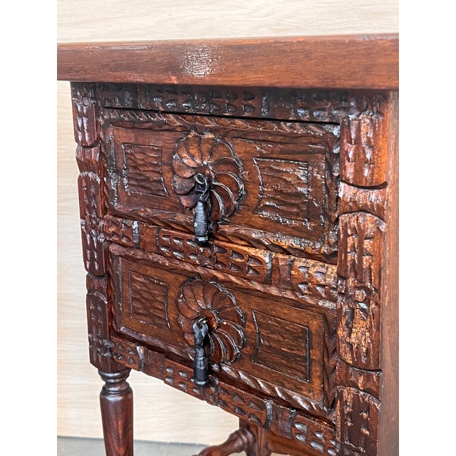 Brown 20th Century Pair of Spanish Nightstands With Two Drawers and Iron Hardware For Sale - Image 8 of 11
