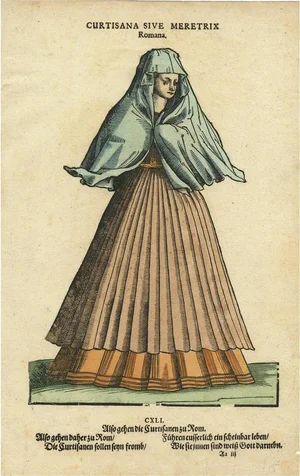 Jost Amman, Roman Courtesan, 1577, Hand-Coloured Woodcut