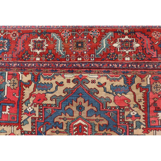 Textile Antique Persian Heriz Serapi Rug With Blue Field Geometric Medallion Design For Sale - Image 7 of 17