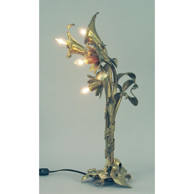 1900 - 1909 Antique Ca. 1900 Art Nouveau All Brass Table Lamp, Floral Motif For Sale - Image 5 of 11