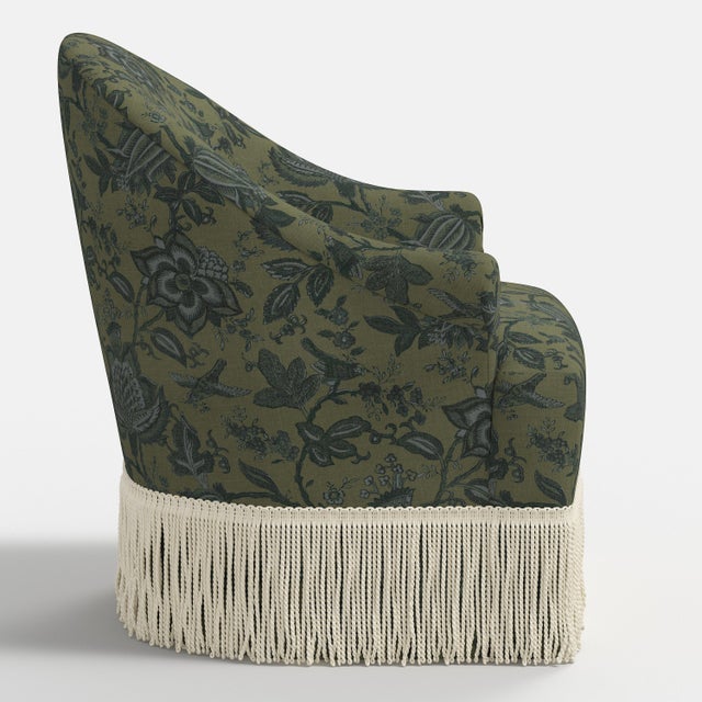 Not Yet Made - Made To Order Cecile Ivory Fringe Swivel Chair in Prairie Floral Moss Blue For Sale - Image 5 of 7