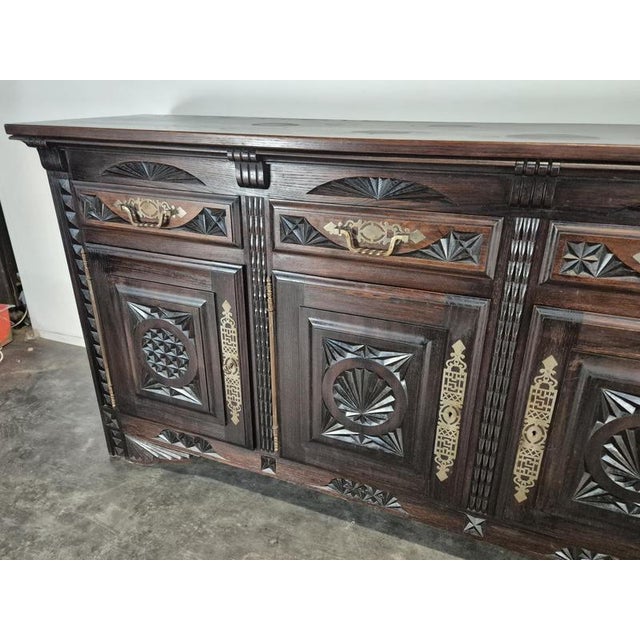 2000 - 2009 Breton Sideboard with Four Doors in Carved Oak and Brass For Sale - Image 5 of 10