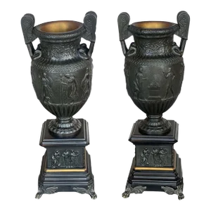 Pair of Antique Bronze & Slate Neoclassical Style Urns