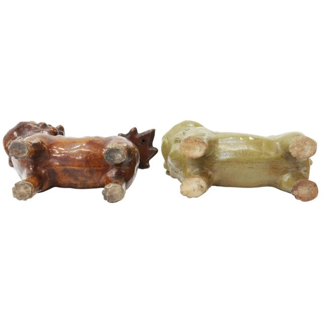 Pair of Vintage Chinese Ceramic Foo Lion Guardian Sculptures With Incense Holders For Sale - Image 4 of 5