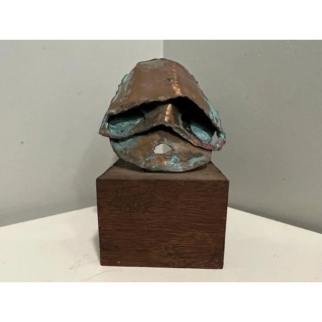 Unique, Small, Unsigned Midcentury Copper Sculpture On Teak Base, Artist Unknown