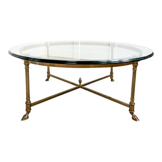 1960s Mid-Century Round Glass and Brass Hooved Feet Coffee Table by LaBarge For Sale