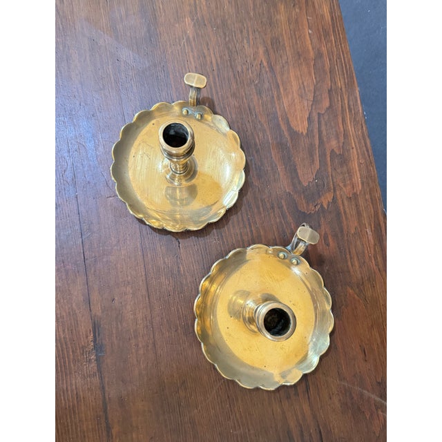 1930s Scalloped Brass Chamberstick Pair For Sale - Image 4 of 4
