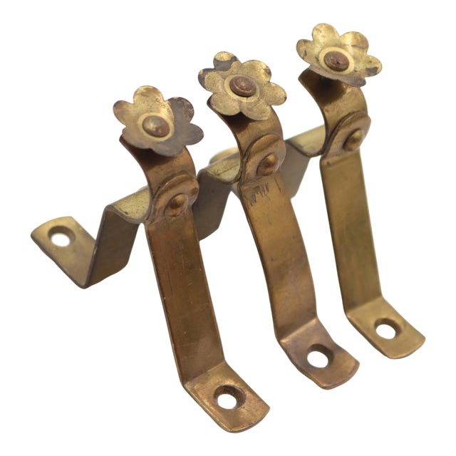 Set of Vintage Brass Floral Curtain Rod Brackets For Sale