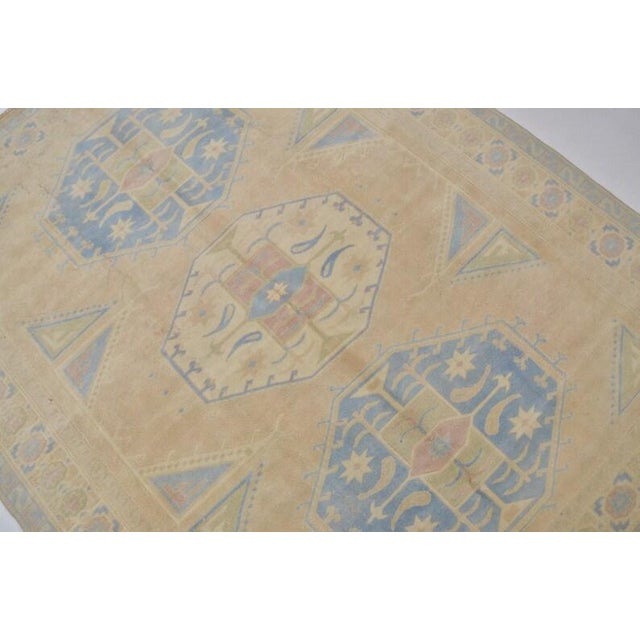 Sand Vintage Anatolian Wool Area Rug, Light Sand Field With Soft Blue Geometric Medallions For Sale - Image 8 of 10