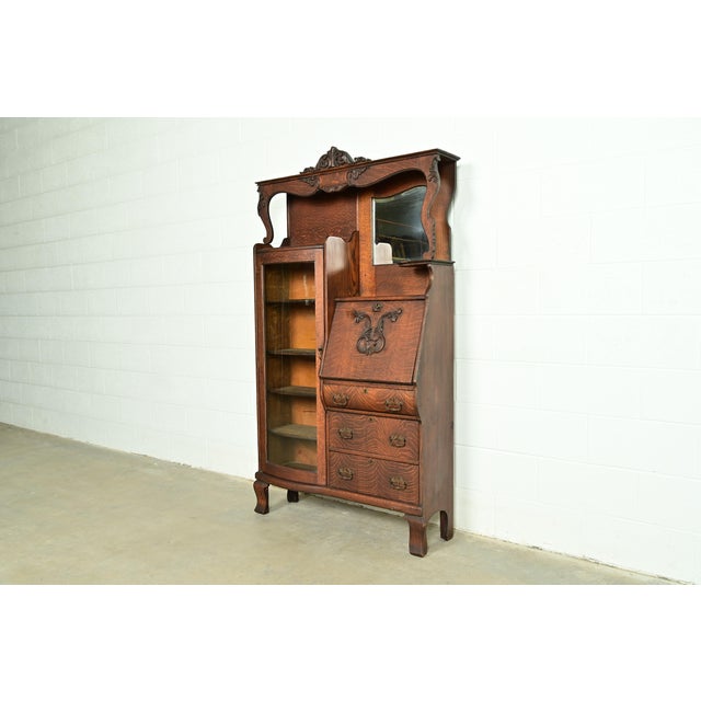 Victorian Early Baker Furniture Antique Victorian Carved Tiger Oak Side-by-Side Bookcase With Drop Front Secretary Desk, Circa 1900 For Sale - Image 3 of 17