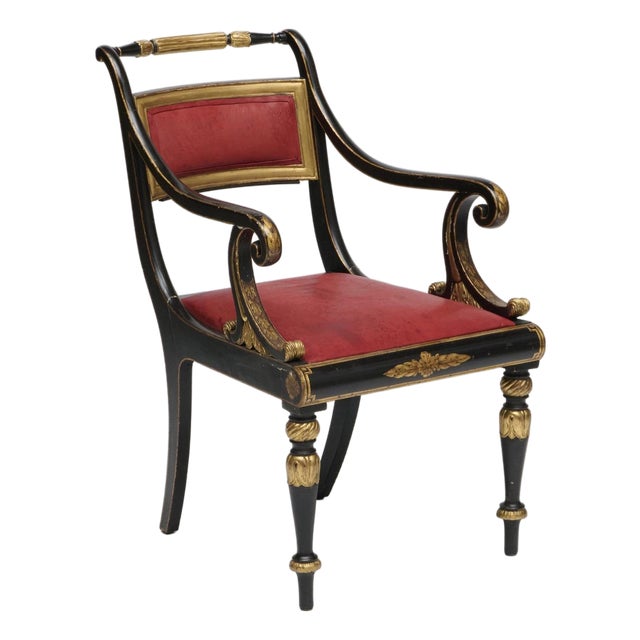 Early 19th Century Danish Parcel Gilt and Black With Red Leather Upholstery Empire Arm Chair. French Style For Sale