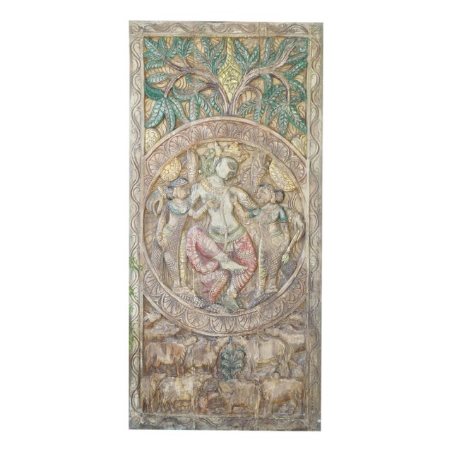 Vintage Krishna Carved Temple Panel – Colorful Indian Barn Door & Sacred Wall Art 72x36 For Sale