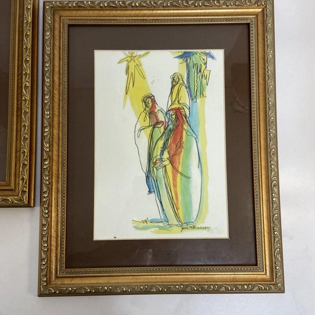 Modern Set of 2 Christmas Nativity Original Watercolor Zora M Steenson Matted Framed 12 X 15 For Sale - Image 3 of 5