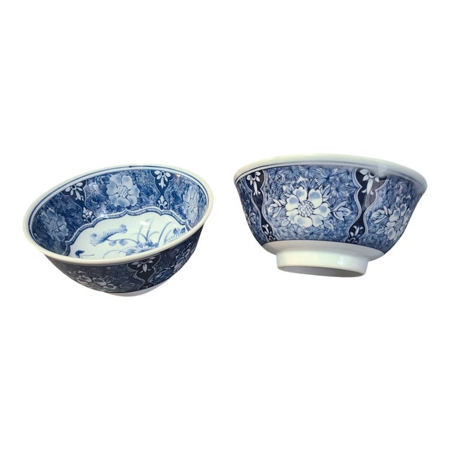 Vintage Blue & White Porcelain Floral Japanese Asian Serving Bowls, Marked- a Pair For Sale