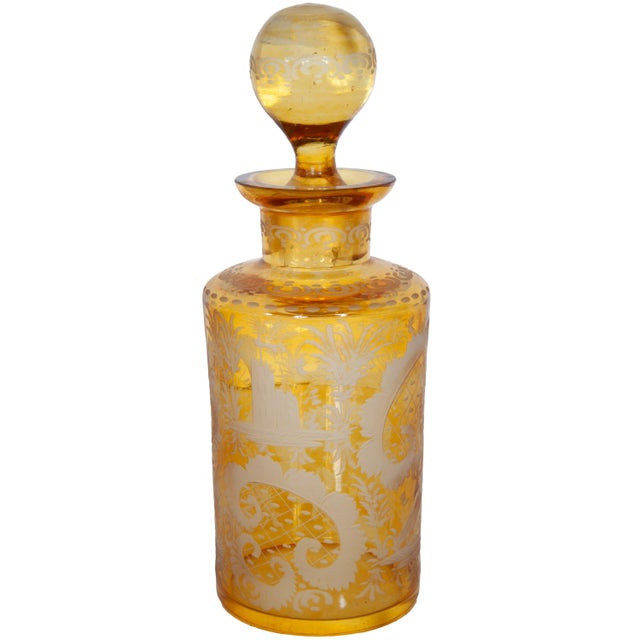 Glass Antique Pair 19th Century Etched Bohemian Amber Glass Wine Liquor Decanters 1880 For Sale - Image 7 of 15