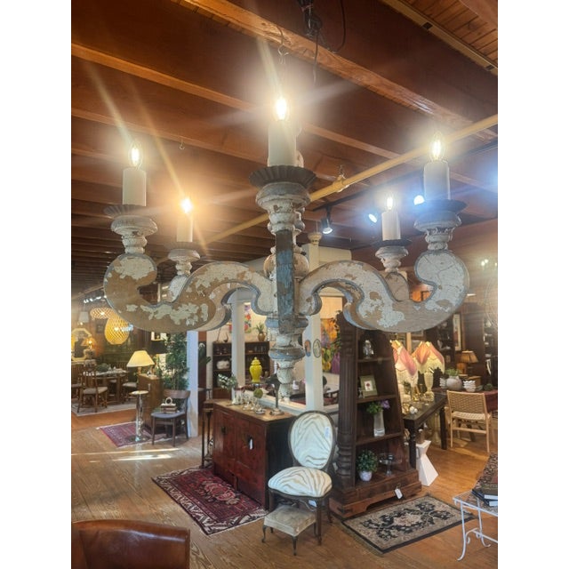 Salvaged Chippy painted Blue and White Solid Wood Chandelier. Chandelier has a rustic, weathered & distressed look to it....