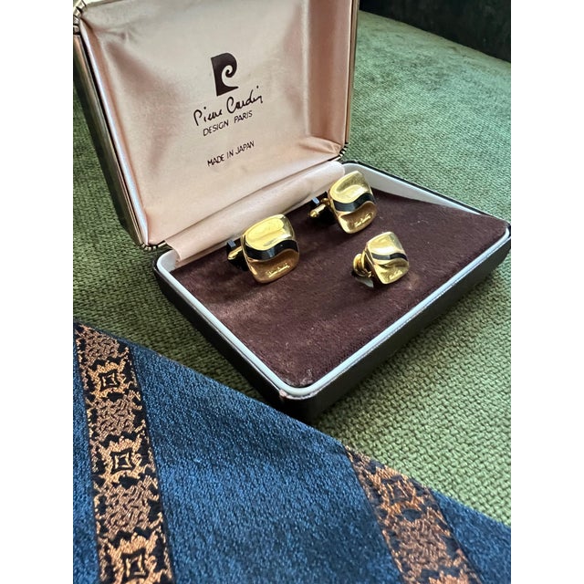 Gold Rare Vintage Pierre Cardin Cufflinks and Tie Pin in Original Case Circa “1960” For Sale - Image 8 of 10
