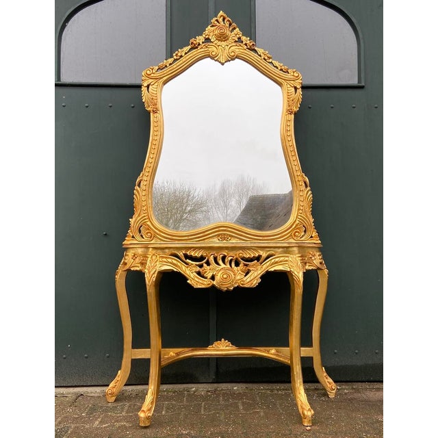 Mid 20thC French Louis XVI Rococo Gold Console Table With Mirror - Set of 2 Pc For Sale - Image 6 of 11