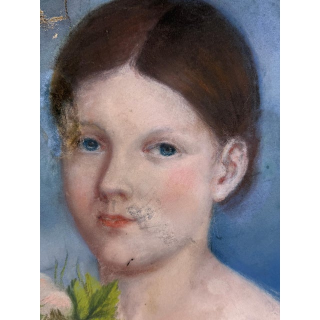 Oval Portrait of a Young Girl with Flowers, 1800s, Pastel Artwork For Sale - Image 3 of 18