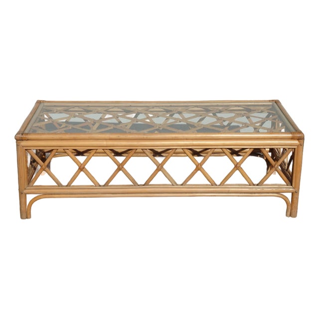 Vintage Coastal Bamboo Coffee Table W Leather Straps ~ Boho Chic For Sale